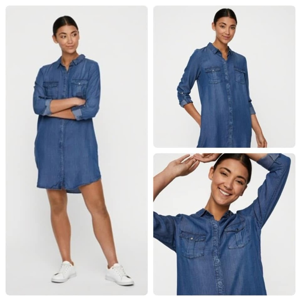 Women’s Collared Blue Denim Mini 3/4 Sleeve Dress Size Large